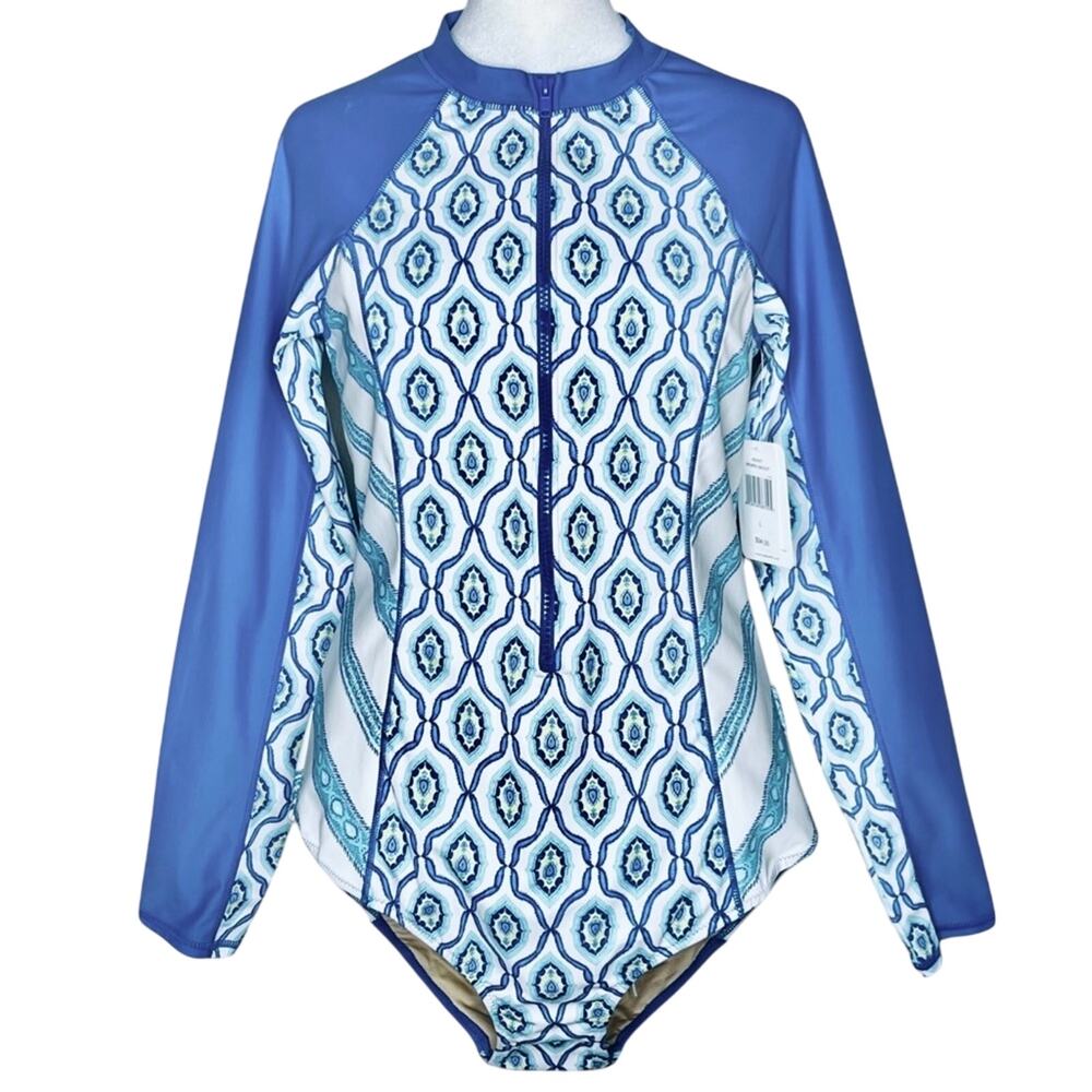 Cabana Life Unisuit One Piece Zip Rashguard Swimsuit Blue L NEW NWT